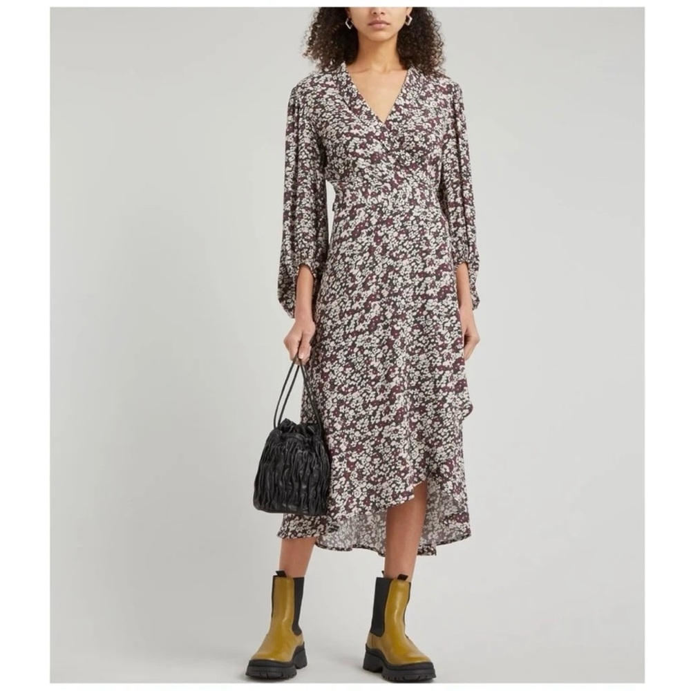 GANNI Printed Crepe Wrap Midi Dress, Red, FR36
